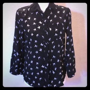 Silky black blouse w/ white birds